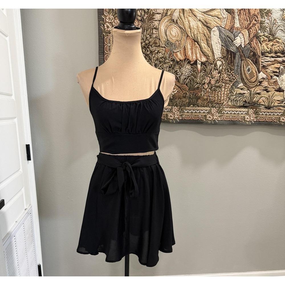 SHEIN Three Piece Set Womens XS Black Chiffon Crop Tank Mini Skirt Beltโ
